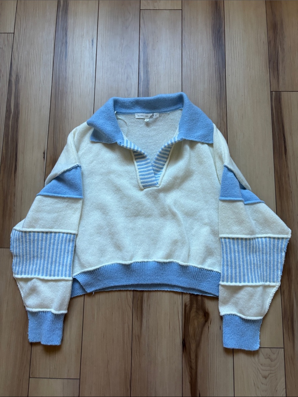 Altar'd State Cream & Light Blue Striped Polo Turtleneck Sweater